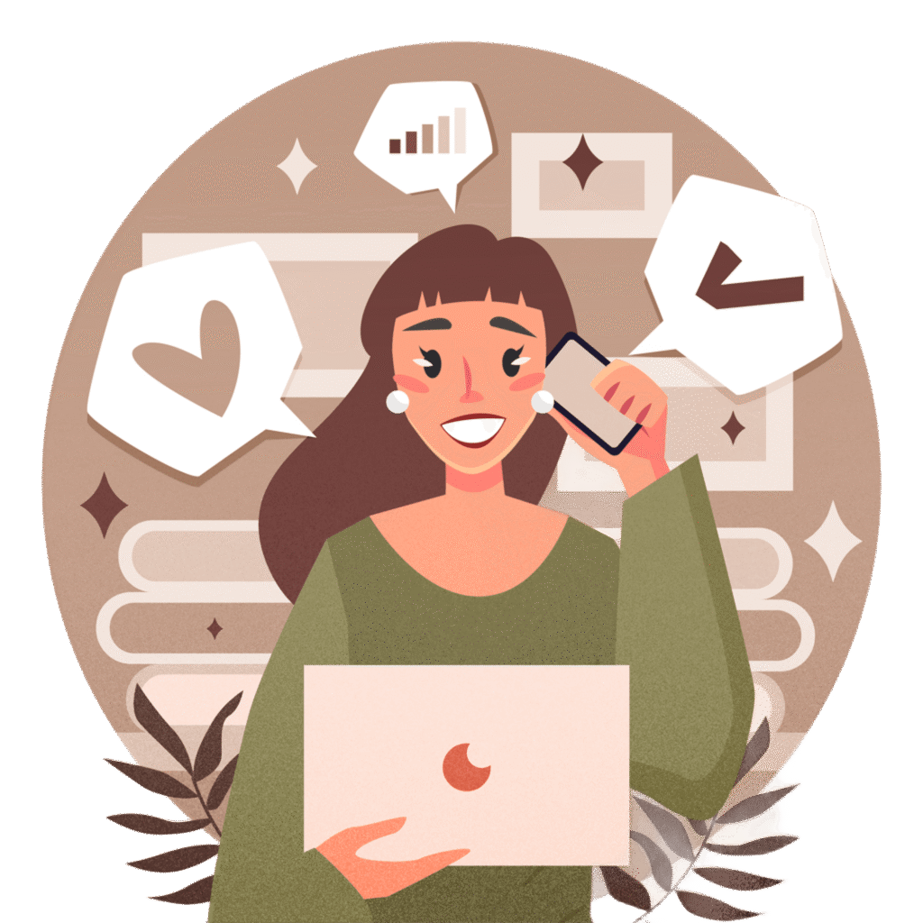 Ilustración de una asesora haciendo una llamada y usando su computadora